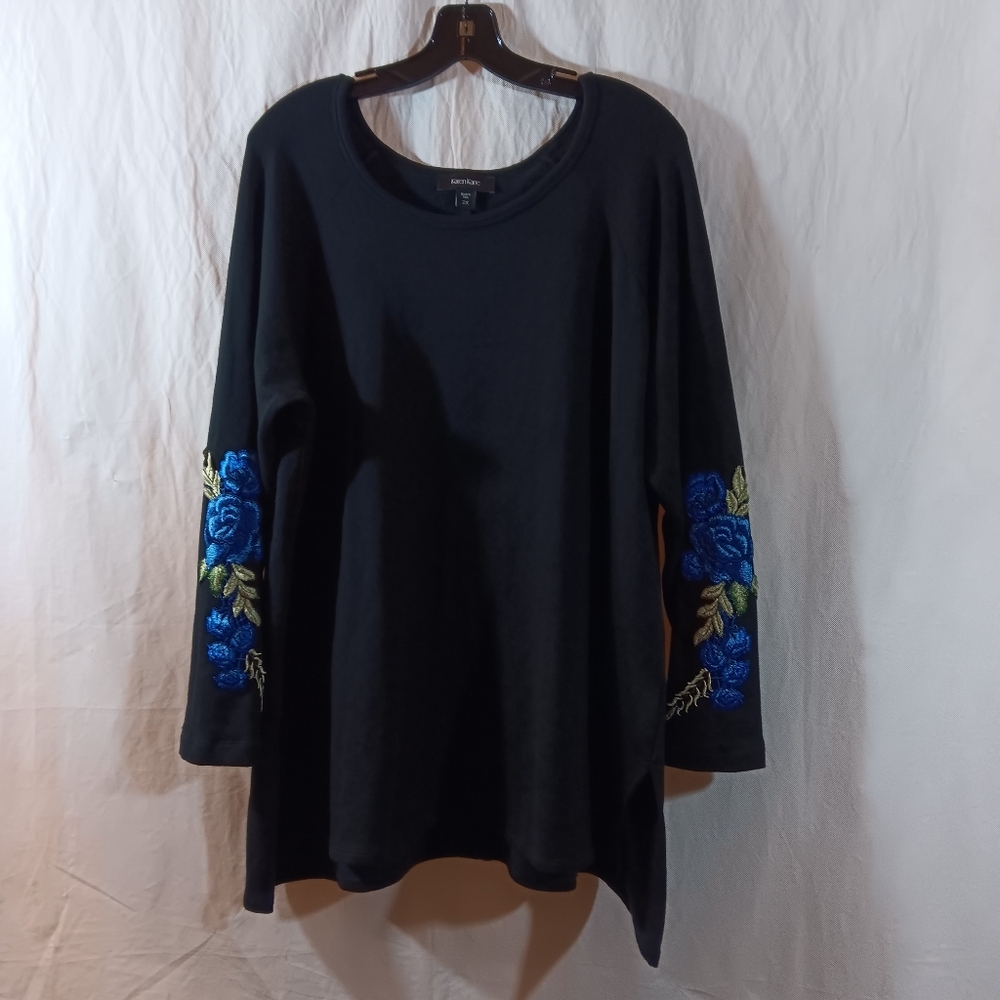 Karen Kane Womens 2X Embroidered Tunic Black Modal Knit Blue Floral Top Boho